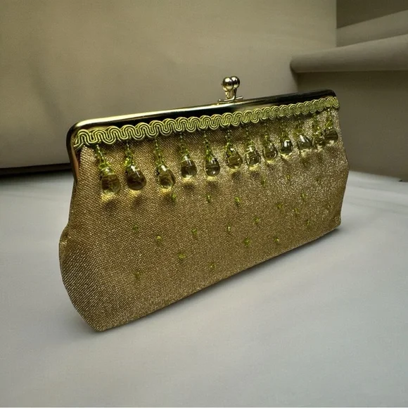 Vintage Gold Metallic Lamé Beaded Kiss Lock Clutch Handbag Satin Interior EUC - Picture 3 of 11